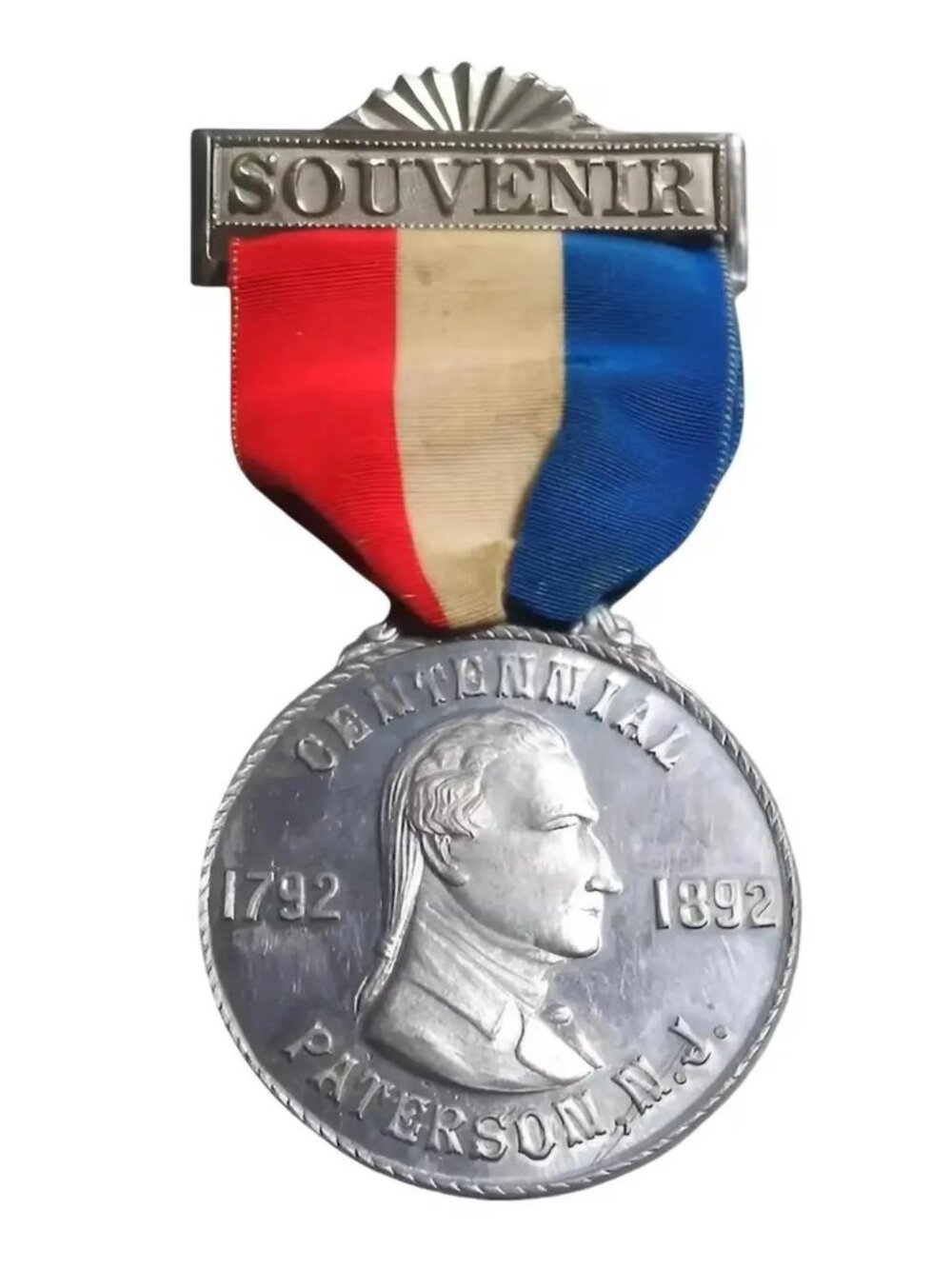 Antique 1892 Paterson NJ Centennial 100th Anniversary Souvenir Medal Ribbon Pin